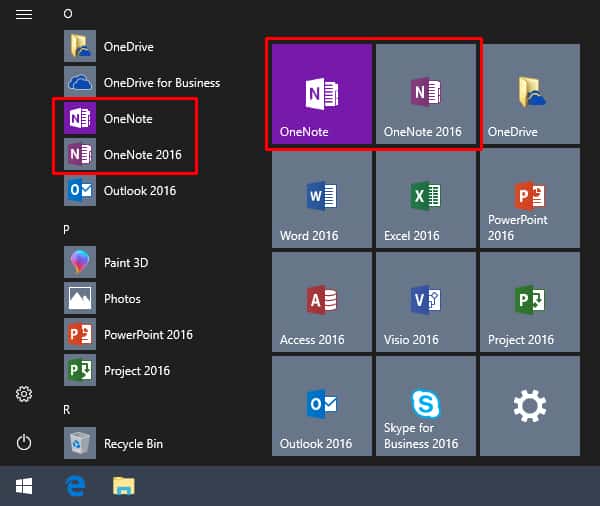 Screenshot of the Windows Start menu with OneNote and OneNote 2016.